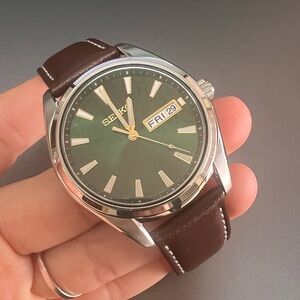 Seiko Essentials Men’s Green Dial Brown Leather Watch #SUR449